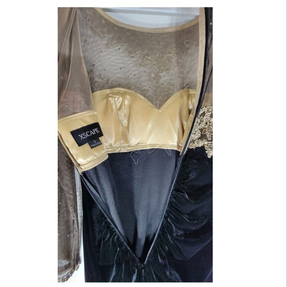 Xscape Beaded Illusion Bodice Velvet Evening Gown, Black & Gold, Womens Size 2 - Picture 11 of 12